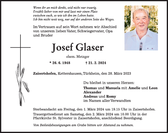 Traueranzeige von Josef Glaser von Mindelheimer Zeitung