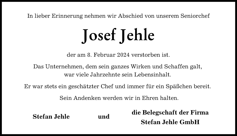  Traueranzeige für Josef Jehle vom 17.02.2024 aus Landsberger Tagblatt