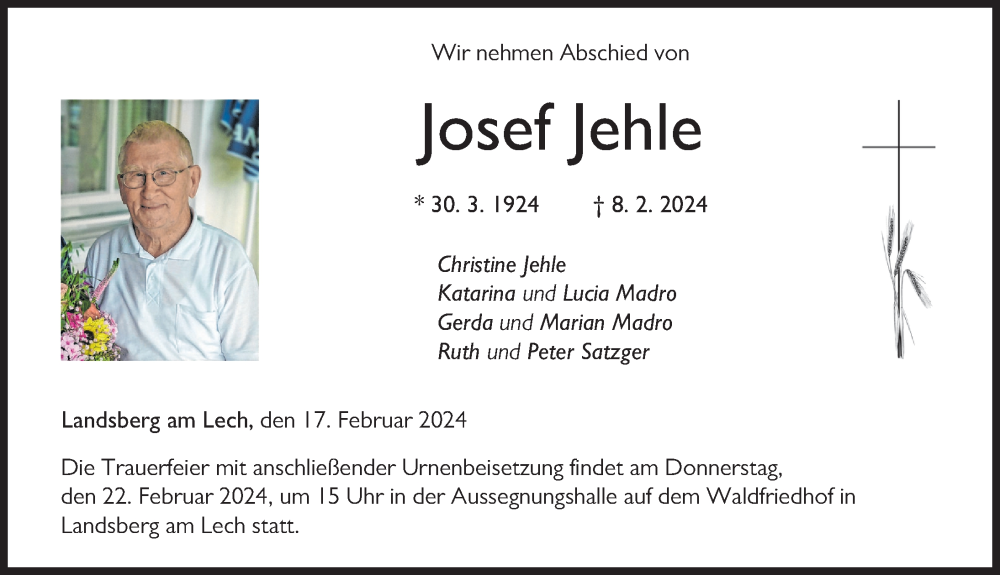  Traueranzeige für Josef Jehle vom 17.02.2024 aus Landsberger Tagblatt