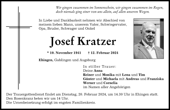 Traueranzeige von Josef Kratzer von Augsburg-Land