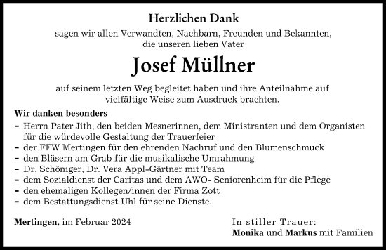 Traueranzeige von Josef Müllner von Donauwörther Zeitung