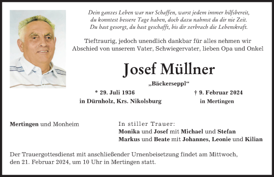 Traueranzeige von Josef Müllner von Donauwörther Zeitung