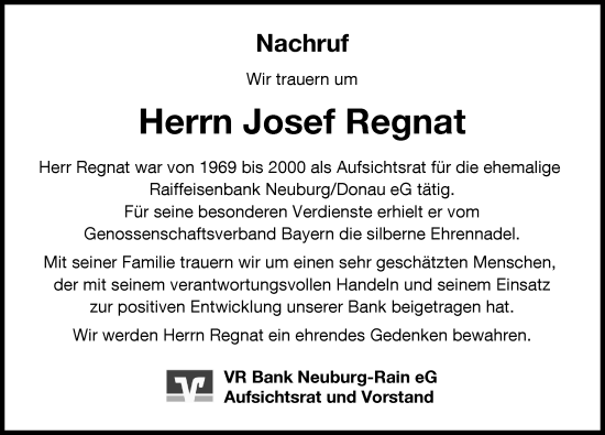 Traueranzeige von Josef Regnat von Neuburger Rundschau