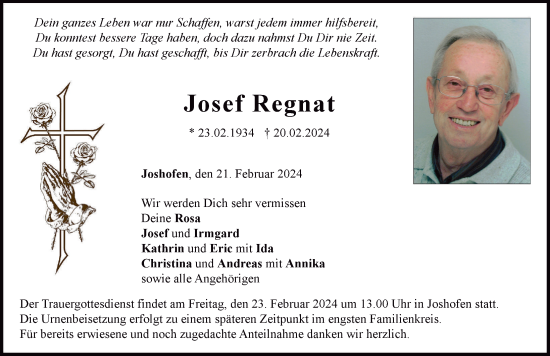 Traueranzeige von Josef Regnat von Neuburger Rundschau