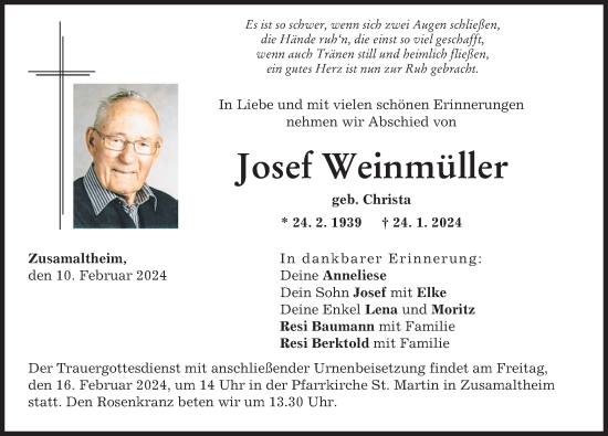 Traueranzeige von Josef Weinmüller von Wertinger Zeitung
