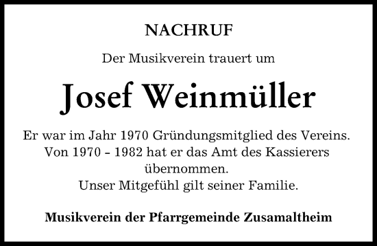 Traueranzeige von Josef Weinmüller von Wertinger Zeitung