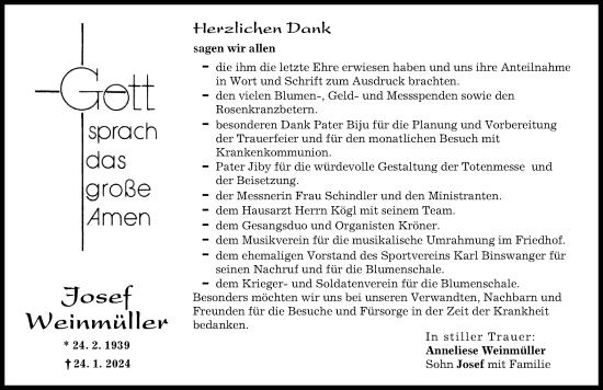 Traueranzeige von Josef Weinmüller von Wertinger Zeitung