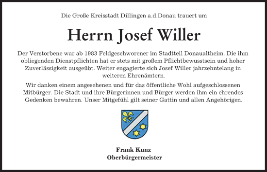Traueranzeige von Josef Willer von Donau Zeitung