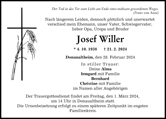 Traueranzeige von Josef Willer von Donau Zeitung