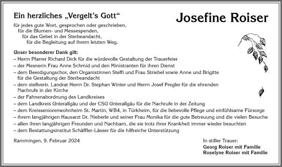 Traueranzeige von Josefine Roiser von Mindelheimer Zeitung