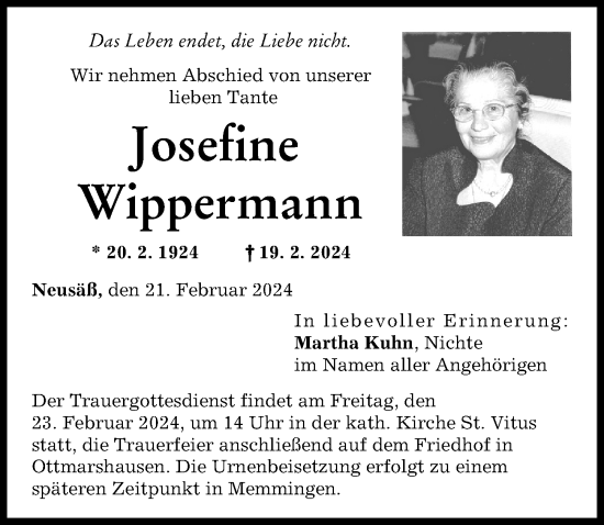 Traueranzeige von Josefine Wippermann von Augsburg-Land
