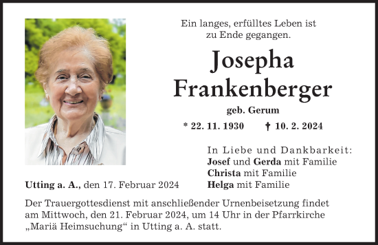 Traueranzeige von Josepha Frankenberger von Landsberger Tagblatt