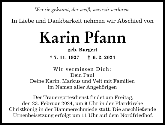 Traueranzeige von Karin Pfann von Augsburger Allgemeine