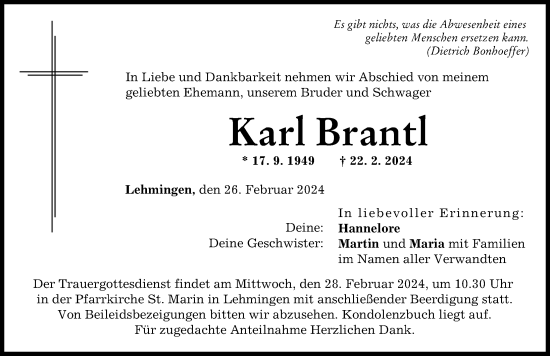 Traueranzeige von Karl Brantl von Rieser Nachrichten