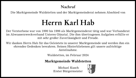 Traueranzeige von Karl Hab von Günzburger Zeitung