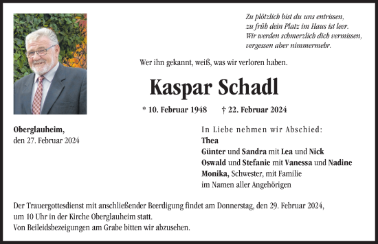 Traueranzeige von Kaspar Schadl von Donau Zeitung
