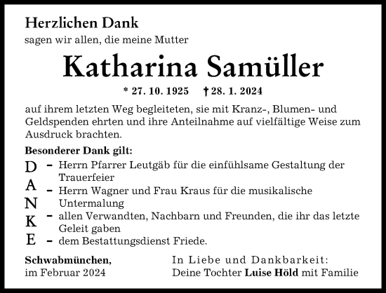 Traueranzeige von Katharina Samüller von Schwabmünchner Allgemeine