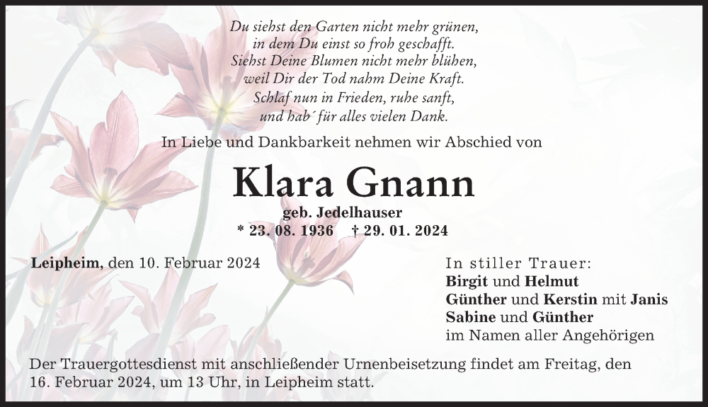  Traueranzeige für Klara Gnann vom 10.02.2024 aus Günzburger Zeitung