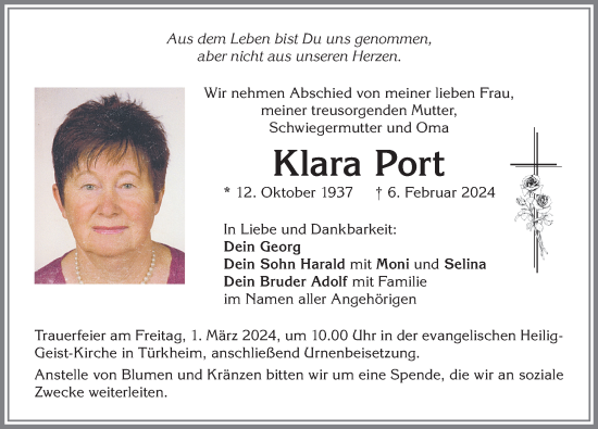 Traueranzeige von Klara Port von Mindelheimer Zeitung