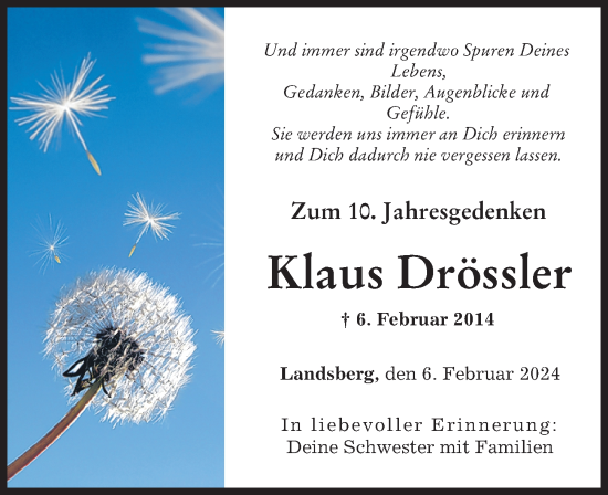 Traueranzeige von Klaus Drössler von Landsberger Tagblatt