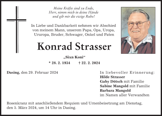 Traueranzeige von Konrad Strasser von Friedberger Allgemeine