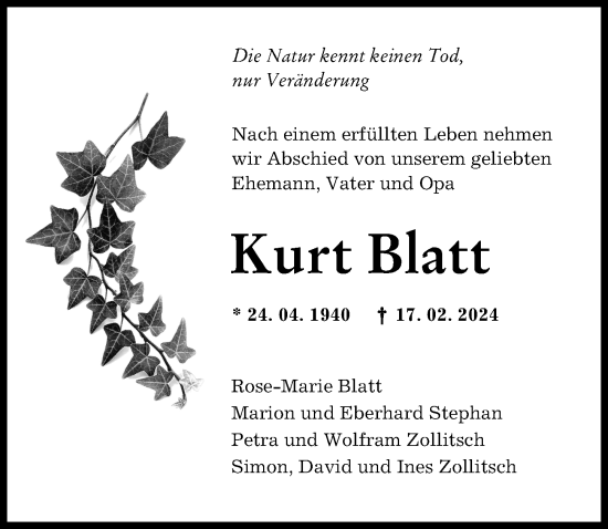Traueranzeige von Kurt Blatt von Landsberger Tagblatt