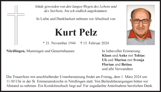 Traueranzeige von Kurt Pelz von Rieser Nachrichten