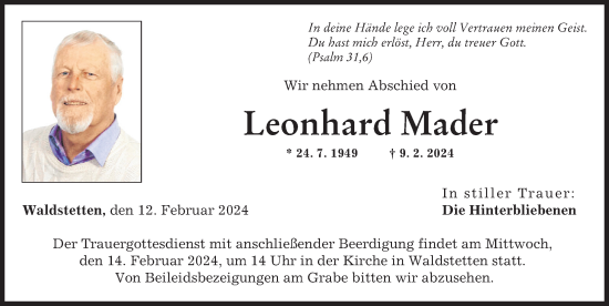 Traueranzeige von Leonhard Mader von Günzburger Zeitung