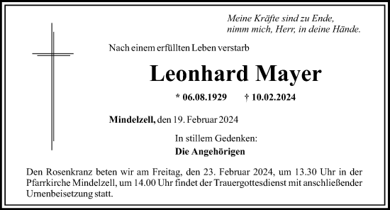 Traueranzeige von Leonhard Mayer von Mittelschwäbische Nachrichten