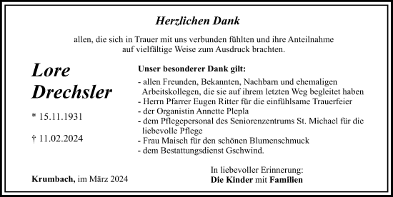 Traueranzeige von Lore Drechsler von Mittelschwäbische Nachrichten