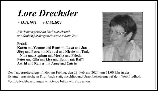 Traueranzeige von Lore Drechsler von Mittelschwäbische Nachrichten