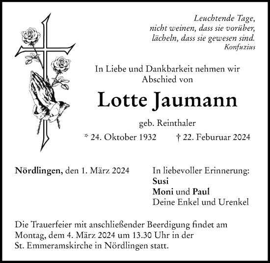Traueranzeige von Lotte Jaumann von Rieser Nachrichten