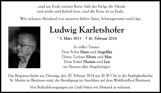 Traueranzeige von Ludwig Karletshofer von Illertisser Zeitung