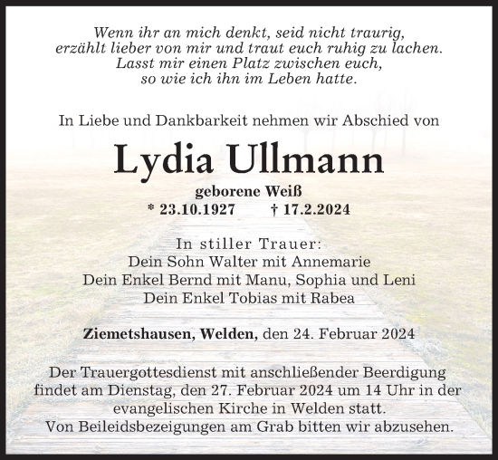 Traueranzeige von Lydia Ullmann von Mittelschwäbische Nachrichten, Augsburg-Land