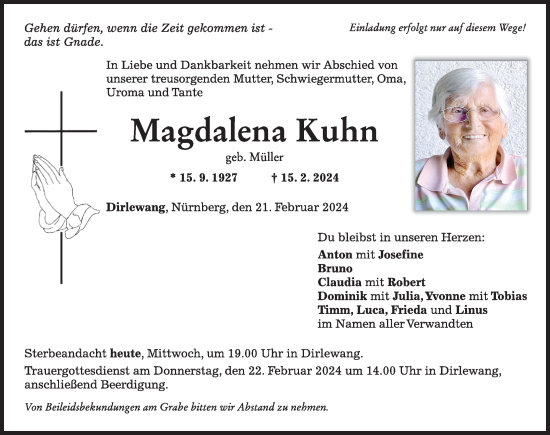 Traueranzeige von Magdalena Kuhn von Mindelheimer Zeitung