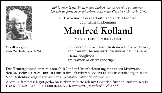 Traueranzeige von Manfred Kolland von Augsburger Allgemeine