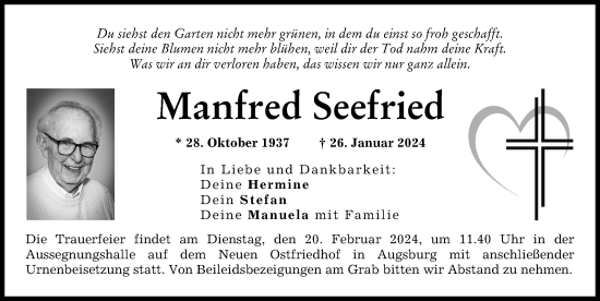 Traueranzeige von Manfred Seefried von Friedberger Allgemeine