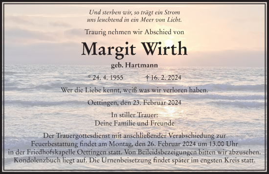 Traueranzeige von Margit Wirth von Rieser Nachrichten