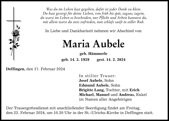 Traueranzeige von Maria Aubele von Günzburger Zeitung