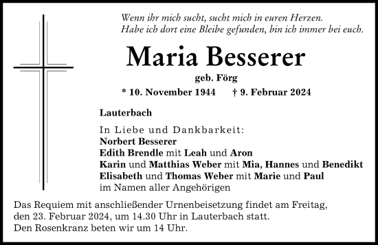 Traueranzeige von Maria Besserer von Wertinger Zeitung