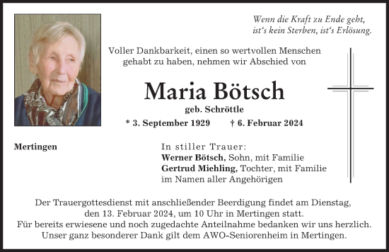 Traueranzeige von Maria Bötsch von Donauwörther Zeitung
