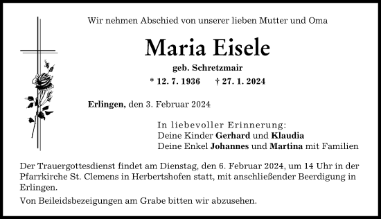Traueranzeige von Maria Eisele von Augsburg-Land