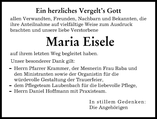 Traueranzeige von Maria Eisele von Augsburg-Land