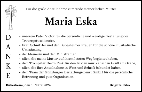 Traueranzeige von Maria Eska von Günzburger Zeitung