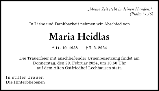 Traueranzeige von Maria Heidlas von Augsburger Allgemeine