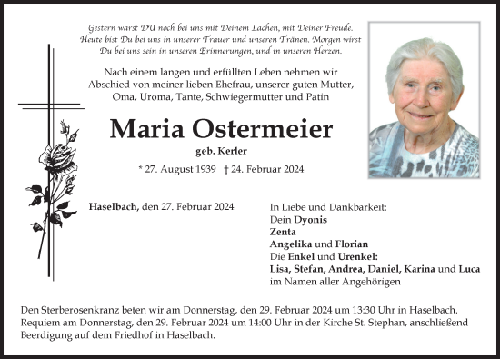Traueranzeige von Maria Ostermeier von Mindelheimer Zeitung