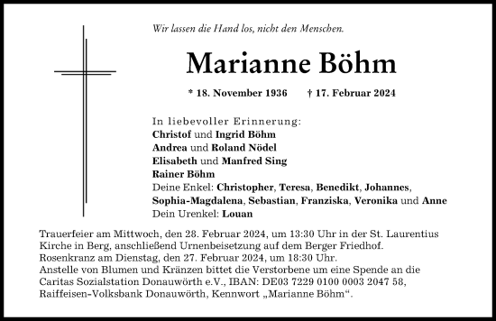 Traueranzeige von Marianne Böhm von Donauwörther Zeitung