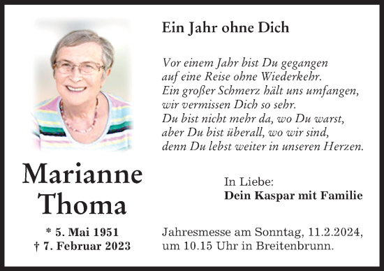 Traueranzeige von Marianne Thoma von Mindelheimer Zeitung