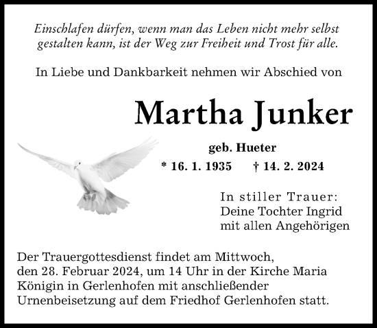 Traueranzeige von Martha Junker von Neu-Ulmer Zeitung