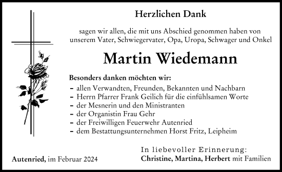 Traueranzeige von Martin Wiedemann von Neu-Ulmer Zeitung, Günzburger Zeitung